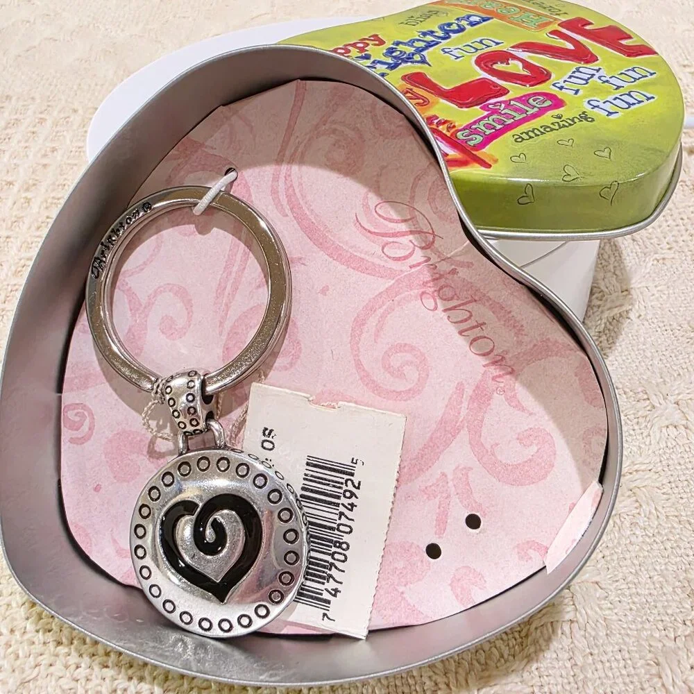 Vintage NOS Brighton Key Fob Keychain Round Heart Silver Marin w/ Heart Tin